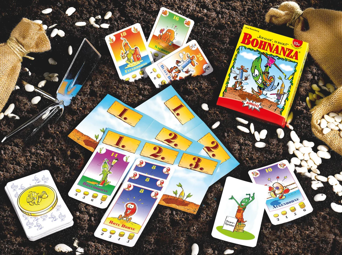 Schachtel und Spielmaterial von Bohnanza, AMIGO 01661